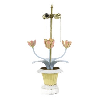 Vintage Brunschwig & Fils Toleware Flower Table Lamp, Yellow and Pink Tulip Design For Sale