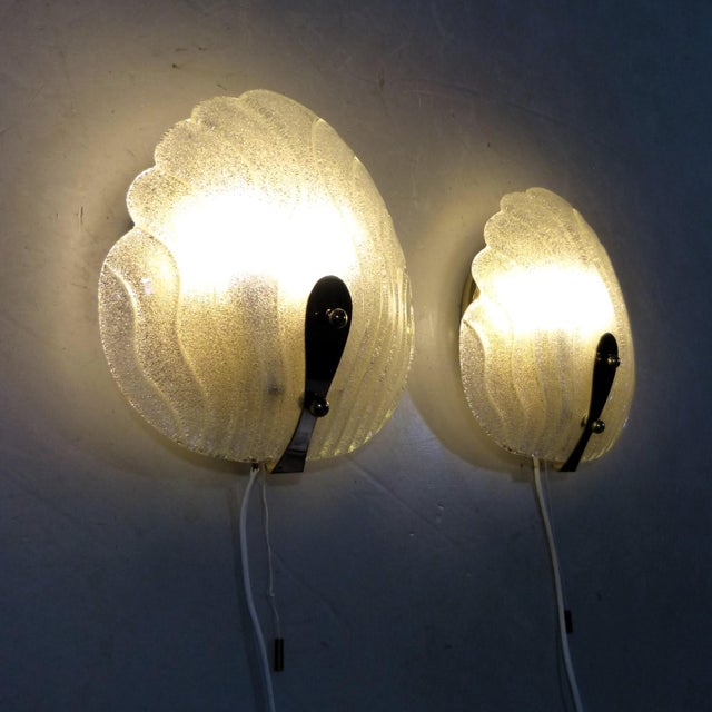 Set of 2 glass wall lamps by Hillebrand, Germany (marked). Brass wall and shade fastenings, thick Murano glass shades, 2...