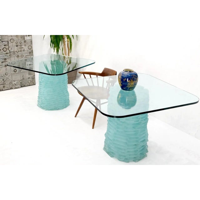 Transparent Pair of Fused Glass Blocks Pedestal Bases Rounded Square Tops Dining Game Table For Sale - Image 8 of 13