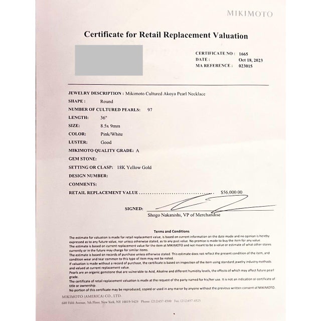 1990s Mikimoto Estate Akoya Pearl Necklace 36" 18k Y Gold 9 Mm Certified For Sale - Image 9 of 9