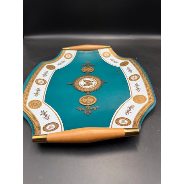 1950s Vintage MCM Georges Briard Teal & Gold Butterfly Curved Glass Tray W/ Wood Handles For Sale - Image 5 of 10