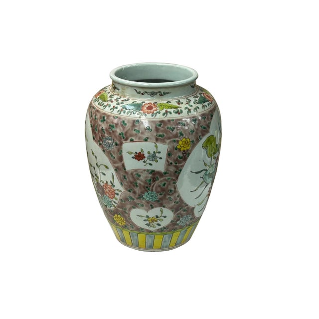 Chinese Vintage Chinese Color Porcelain Lotus Bird Scenery Pot Jar Vase For Sale - Image 3 of 12
