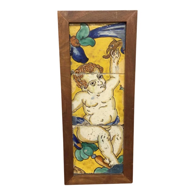 18th Century Italian Majolica Faience Pottery Putto Framed Tiles For Sale