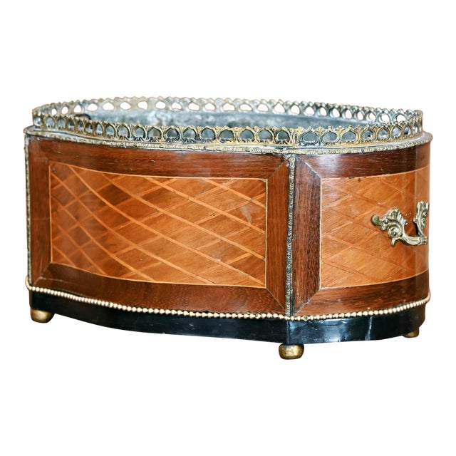 Antique French Marquetry Jardinière With Brass Pierced Gallery & Ormolu Details, 19th Century For Sale