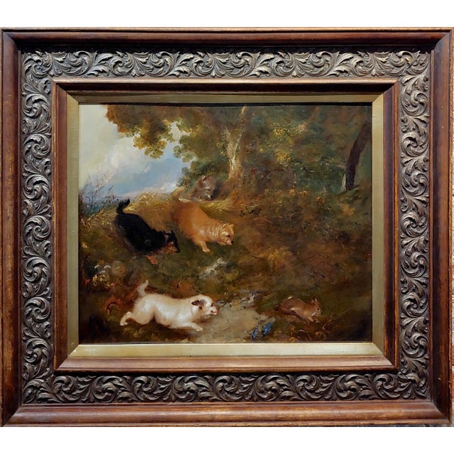 Four Terriers Chasing a Rabbit in the Wild -19th century Oil painting English Oil painting on canvas -circa 1820s Frame...