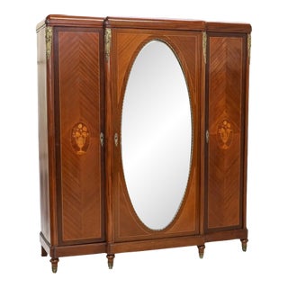 Antique French Louis XVI Marquetry & Ormolu Mirrored Armoire Wardrobe For Sale