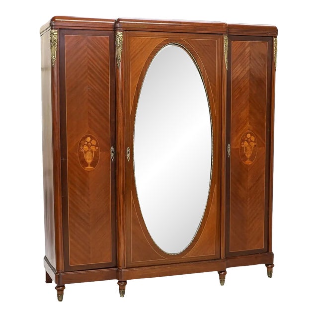 Antique French Louis XVI Marquetry & Ormolu Mirrored Armoire Wardrobe For Sale
