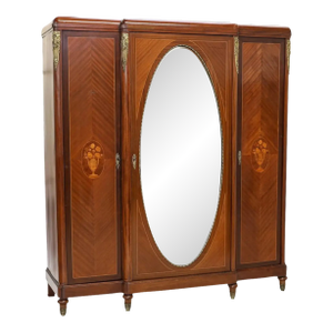 Antique French Louis XVI Marquetry & Ormolu Mirrored Armoire Wardrobe