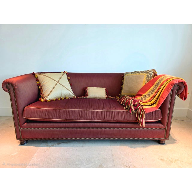 Hollywood Regency Le Jeune Miami Custom Burgundy Rolled-Arm Sofa With Nailhead Trim & Accessories For Sale - Image 3 of 8