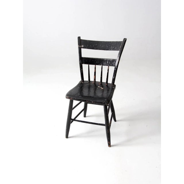 Farmhouse Antique Primitive Black Plank Seat Chair For Sale - Image 3 of 9