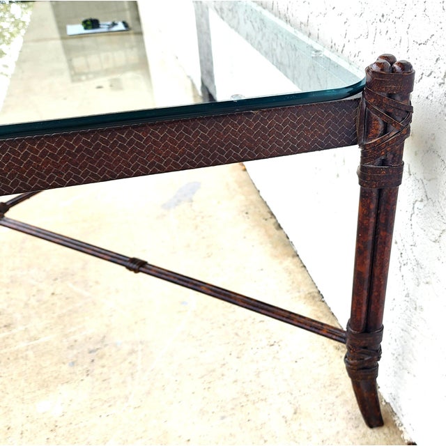 Maitland Smith Style Faux Metal Bamboo Glass & Leather Cocktail Table For Sale - Image 11 of 13
