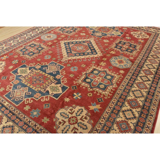 Farmhouse Kazak Rug 11′ X 14’9” Red Wool Tribal Hand-Knotted Oriental Carpet For Sale - Image 3 of 15