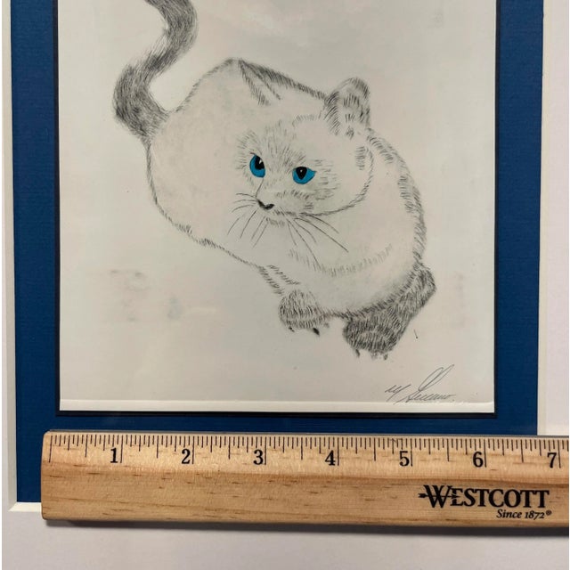 1990s Vintage Hand Colored White Cat Etching by California Artist Marcos Guerrero, Framed For Sale In Los Angeles - Image 6 of 8