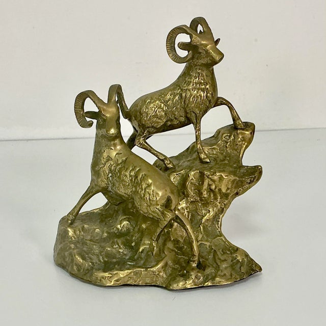 Rustic 1970s Mid-Century Rustic Arts & Crafts Big Horn Sheep Brass Sculpture For Sale - Image 3 of 11