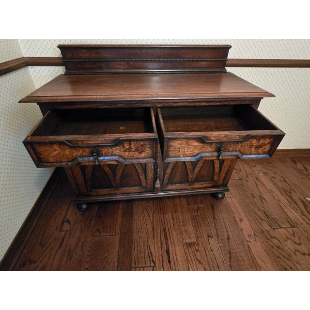 English Gothic Revival Hand-Carved Walnut Sideboard, Original Brass Hardware, 19th Century For Sale - Image 4 of 18