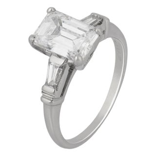 1950s Mid Century Gia D Vs1 1.78 Carat Emerald Cut Diamond Platinum Engagement Ring, Size 5.25 For Sale