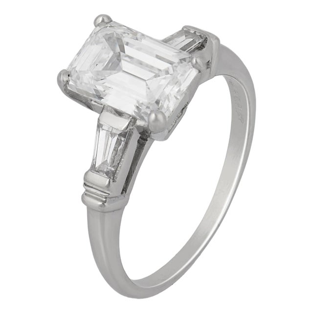 1950s Mid Century Gia D Vs1 1.78 Carat Emerald Cut Diamond Platinum Engagement Ring, Size 5.25 For Sale