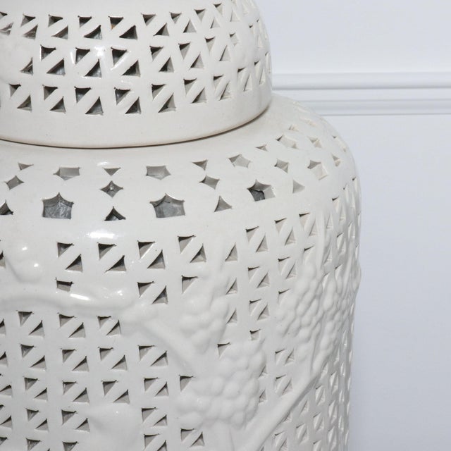 Mid-Century Modern 1970s Blanc de Chine Large Scale Reticulated White Ceramic Table Lamps - A Pair For Sale - Image 3 of 11