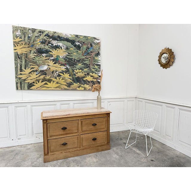 High-quality solid oak, a marble top in perfect condition, in soft beige tones, and ample storage: this 1900s shop counter...