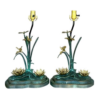 Vintage Boho Patinated Bronze Lily Pad Lamp For Sale