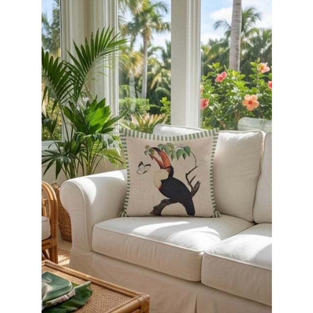 Vintage British Colonial Style Linen Toucan Accent Pillow For Sale - Image 12 of 12