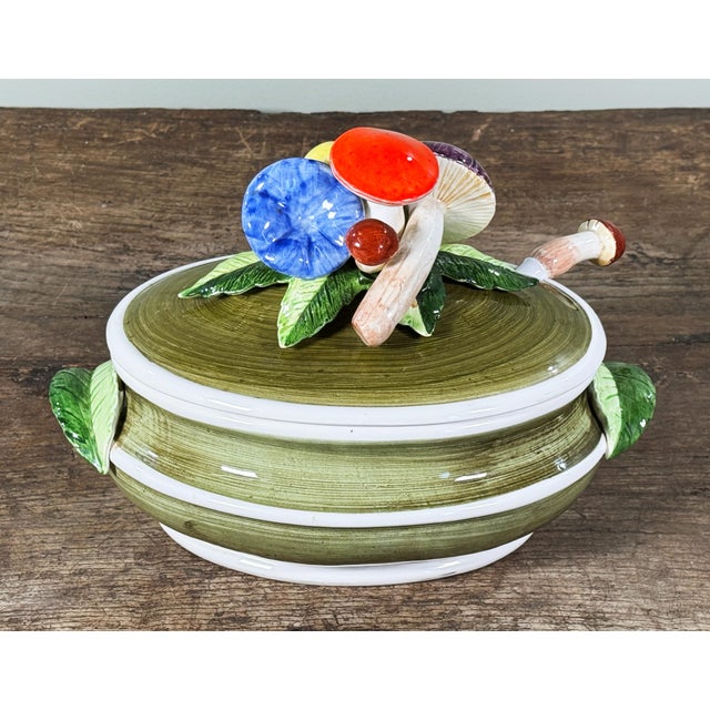 1970s Vintage Italian Ceramic Mushroom Soup Tureen With Ladle and Lid For Sale - Image 5 of 10