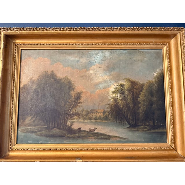 Antique Pastoral Landscape Oil Painting in Ornate Gold Frame, Original 19th Century River Scene with Cows, Vintage Fine...