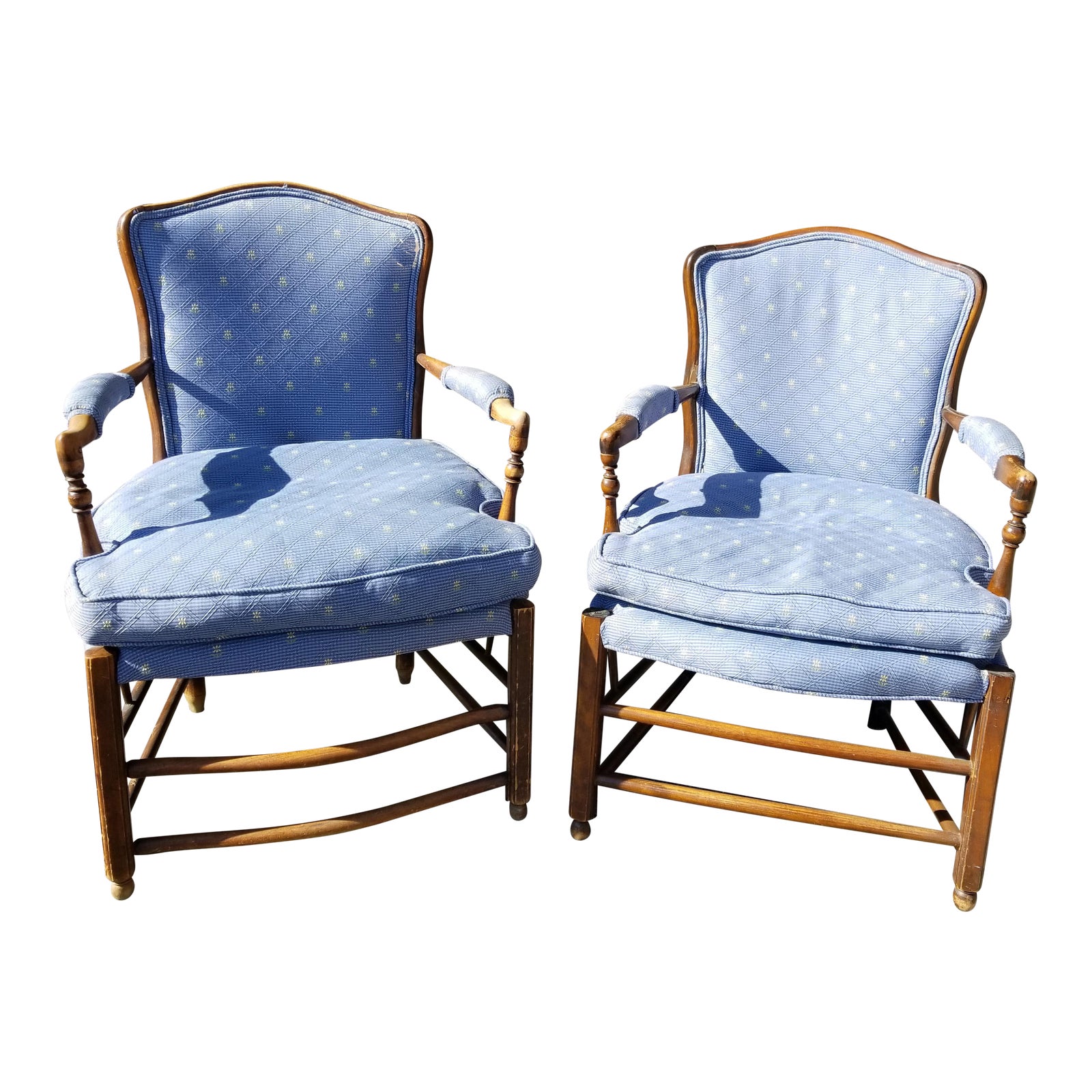 Vintage French Country Style Blue Down Cushion Accent Chairs A Pair