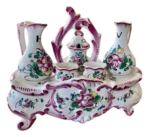 Vintage French Luneville Faience Strasbourg Oil & Vinegar Menage Set in Earthenware, 1965, Set of 6