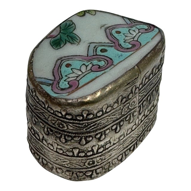 1960s Vintage Chinese Hand Painted Figure Porcelain Chard Embossed Silver Trinket Box For Sale