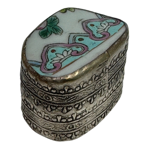 1960s Vintage Chinese Hand Painted Figure Porcelain Chard Embossed Silver Trinket Box