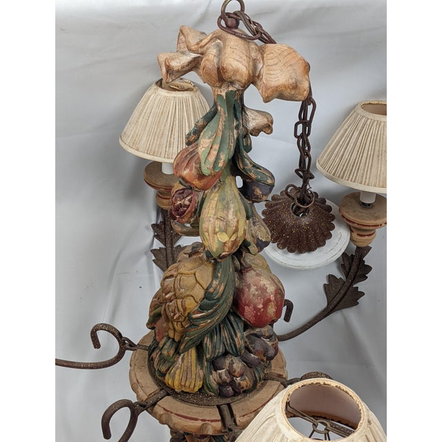 Vintage Italianate Polychrome Carved Wood Fruit & Iron 6-Light Chandelier For Sale In New York - Image 6 of 15