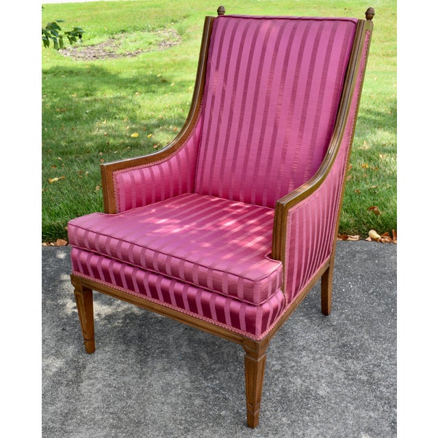 Magenta Hollywood Regency Style Bergere Armchair Pink Magenta Striped Satin Accent Chair For Sale - Image 8 of 14