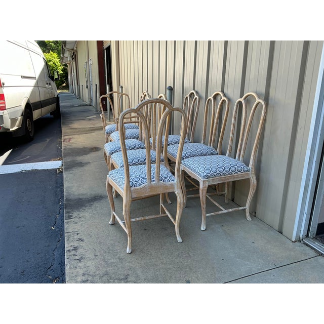 Gustavian Style Cerused Dining Chairs in New Blue & White Linen Set of 8 For Sale - Image 13 of 15