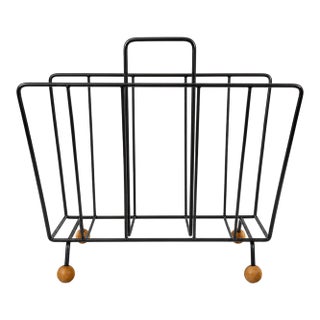 Mid-Century Black Wire Magazine Rack With Wooden Ball Feet, C. 1950s–60s For Sale