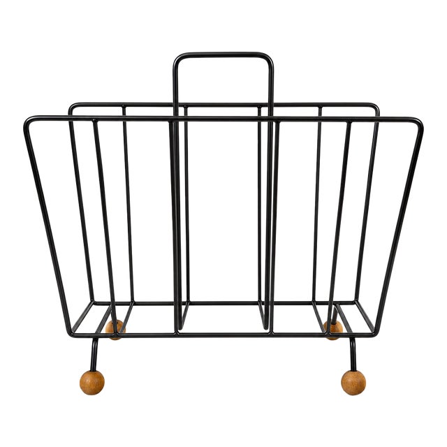 Mid-Century Black Wire Magazine Rack With Wooden Ball Feet, C. 1950s–60s For Sale