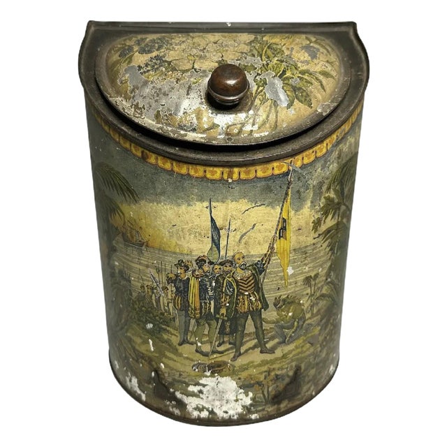 Antique Tin-Litho Tobacco Canister: Ponce de Leon General Store Display For Sale
