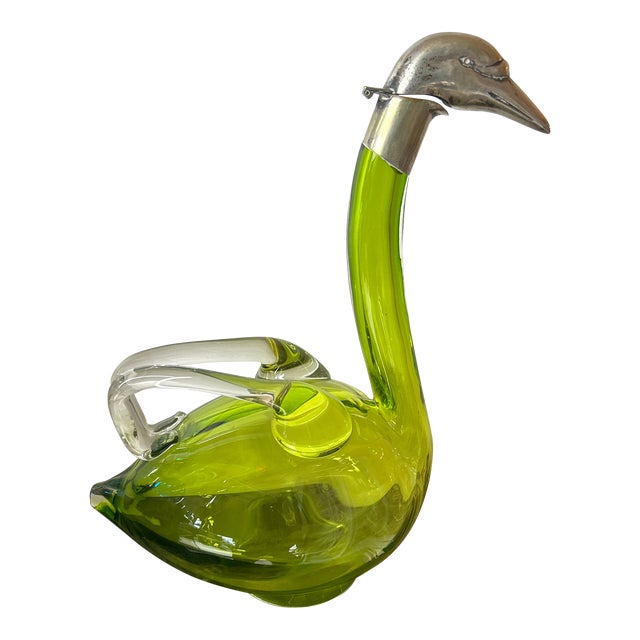 Antique Claret Wine Decanter/Carafe of Light Green Glass and Silver Plate, England For Sale