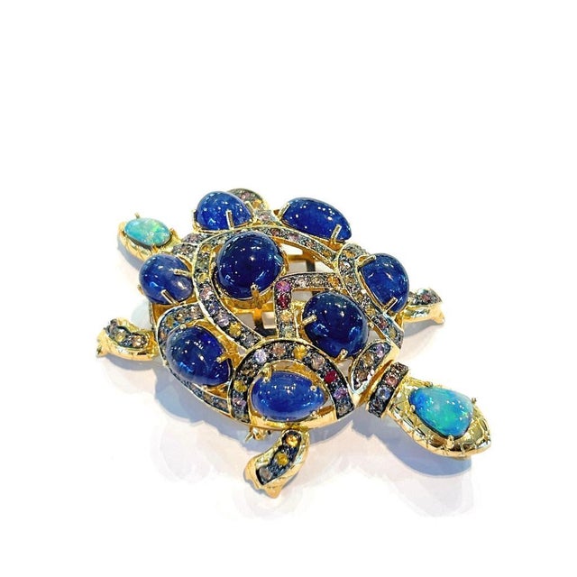 Bochic "Orient" Vintage Opal & Blue Sapphire Turtle Brooch 18K Gold & Silver For Sale - Image 17 of 18