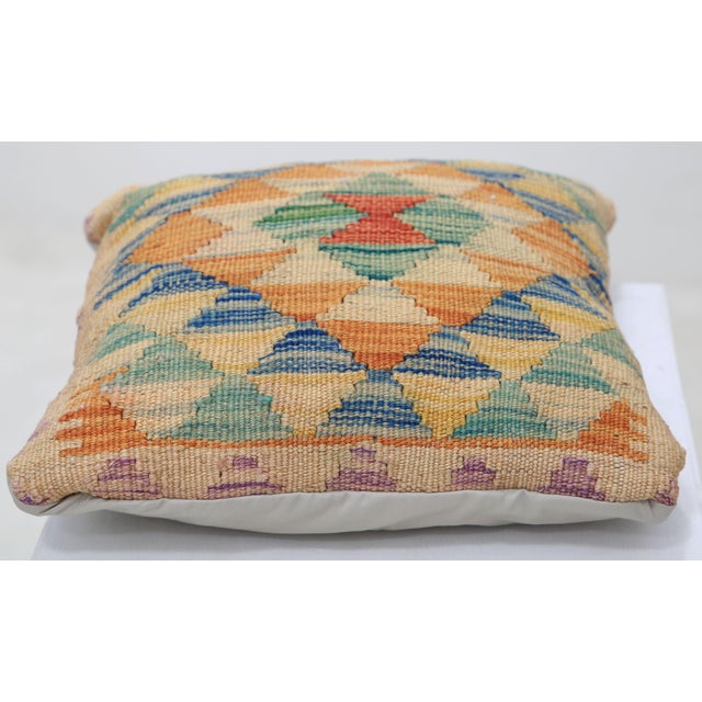 Tribal Arteverk Handwoven Afghan Kilim Pillow — Orange & Blue Diamond Lattice For Sale - Image 3 of 3