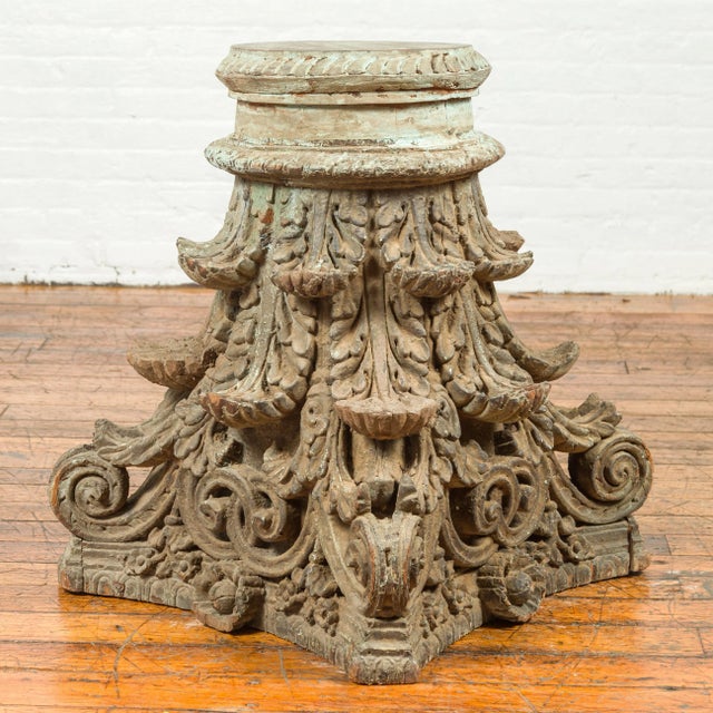 Indian Antique Corinthian Temple Capital Carving with Distressed Patina For Sale - Image 10 of 13