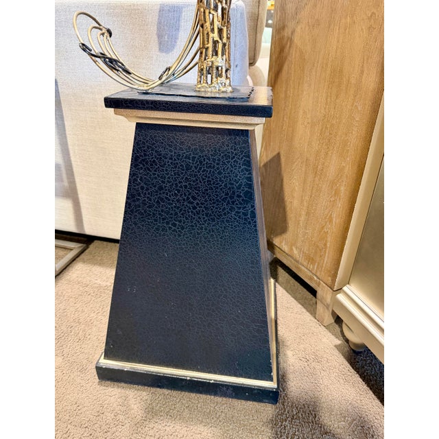 Metal Gold Tone “Woman Playing Flute” Recycled Steel Sculpture on Pedestal For Sale - Image 7 of 7