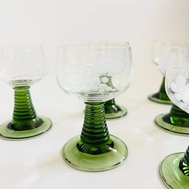 Etched German Roemer Coupe Wine Glasses With Green Stems - Set of 6 For Sale - Image 4 of 8