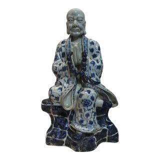 Chinese Vintage Ceramic Buddhist Sculpture,Hand Carved Blue and White Porcelain the Eighteen Arhats Statue For Sale