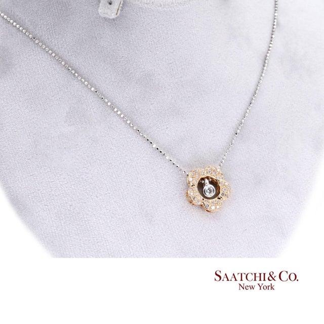 Early 21st Century 18k 750 Two Tone Rose and White Gold Natural Diamond Flower Pendant With Chain For Sale - Image 5 of 8