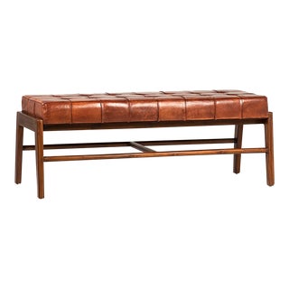 Chestnut Leather & Brown Teak Bench For Sale