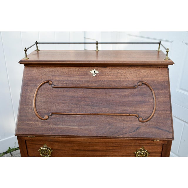 Antique Country French Style Mahogany Slant Front Desk W/Brass Gallery Top For Sale - Image 4 of 12