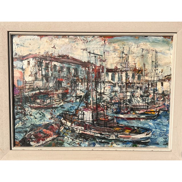 Pascal Cucaro, 1915-2004. Mid-century artist from California. Abstract harbor scene with fishing boats - possibly San...