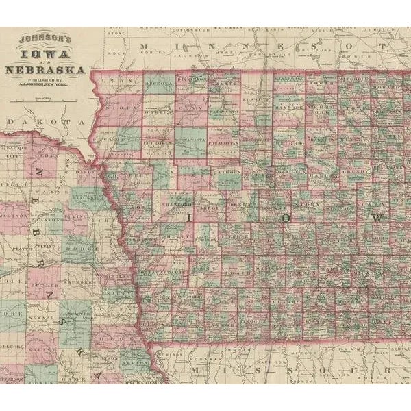 Antique Map of Iowa and Nebraska by Johnson, 1872 For Sale - Image 3 of 5