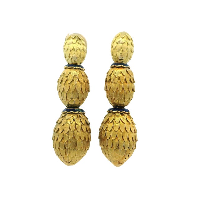 1960s 14k Yellow Gold & Blue Enamel Textured Drop Earrings, A Pair For Sale - Image 4 of 13